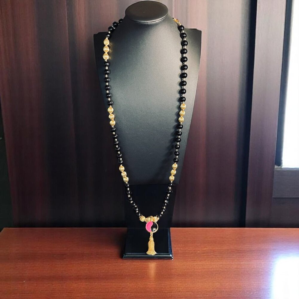 Avon Beaded Necklace Gold Black Pink Yin Yang Tassel Pendant Retro Y2K Style